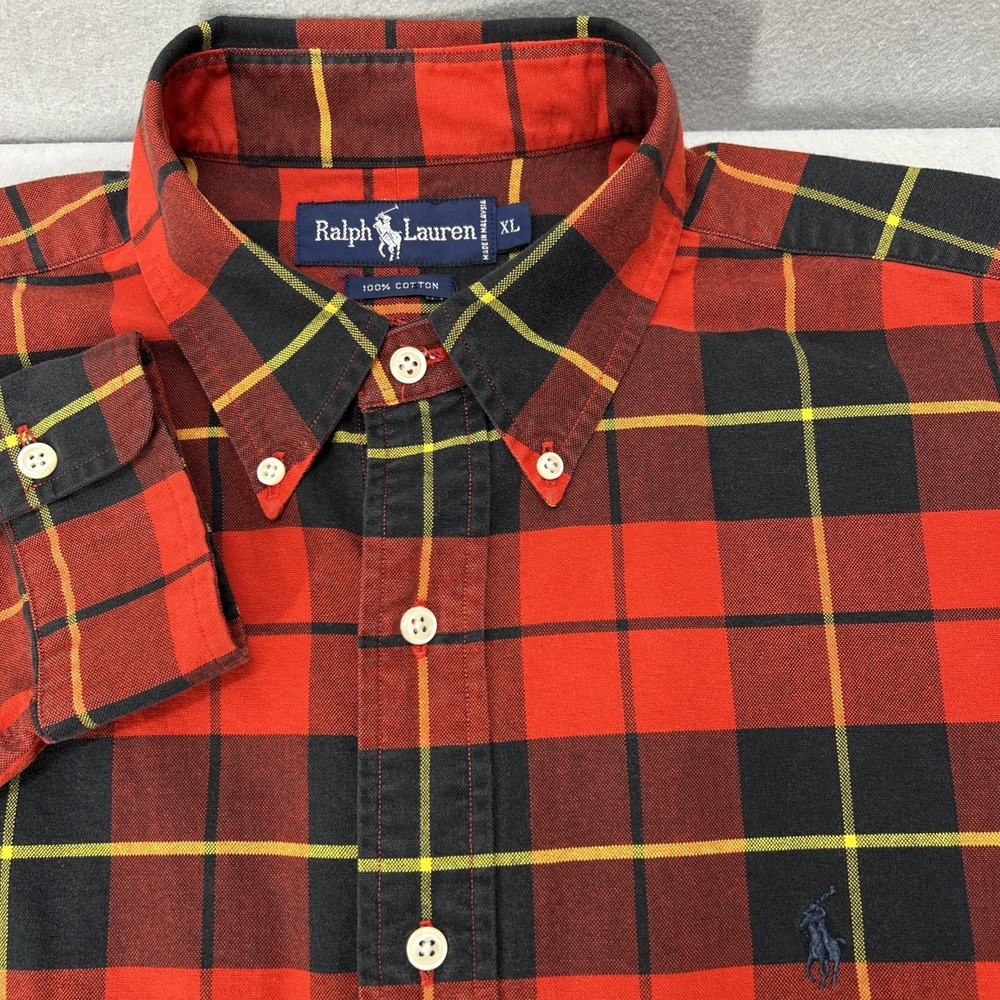 Polo Ralph Lauren Mens Classic Fit Oxford Shirt XL Tartan Red Black Plaid Cotton